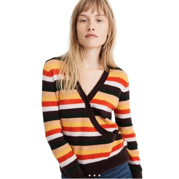 MADEWELL Womens Large Wrap Front pullover Sweater Stripe Multicolor Alpaca Wool - Picture 9 of 15